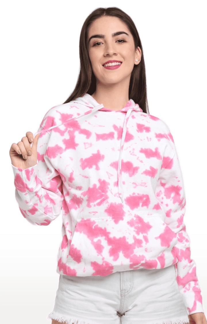 Women's Pink and White Cotton Relaxed Fit Sweatshirt