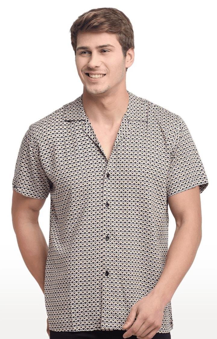 Ennoble | Men's Beige and Black Cotton Relaxed Fit Casual Shirt