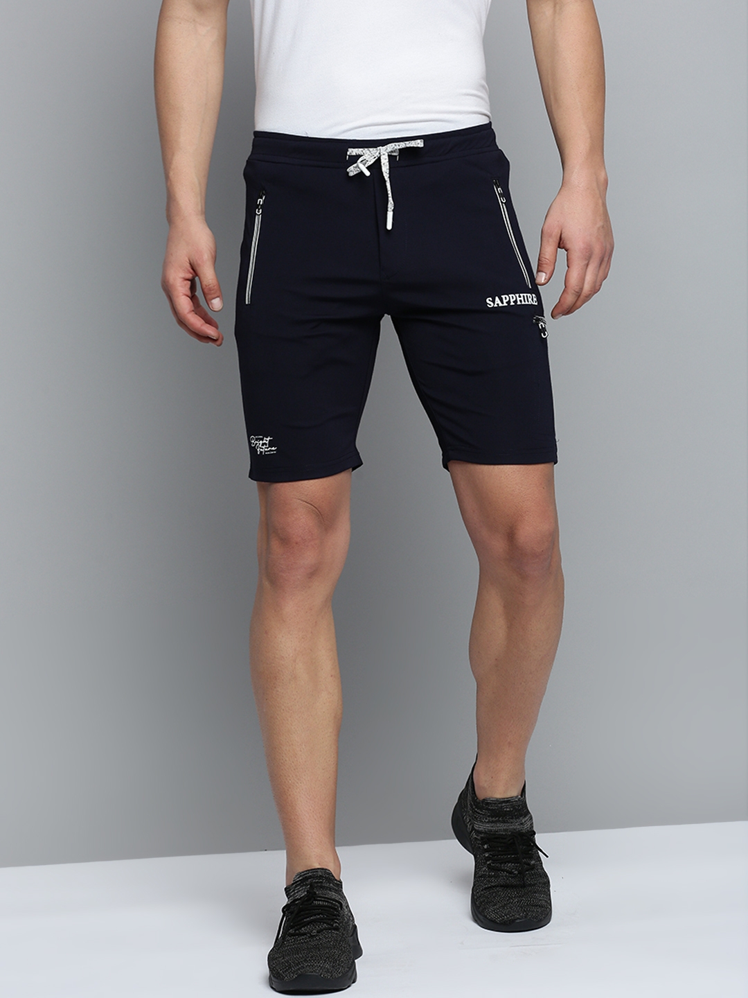 SHOWOFF Men's Knee Length Solid Navy Blue Mid-Rise Sports Shorts