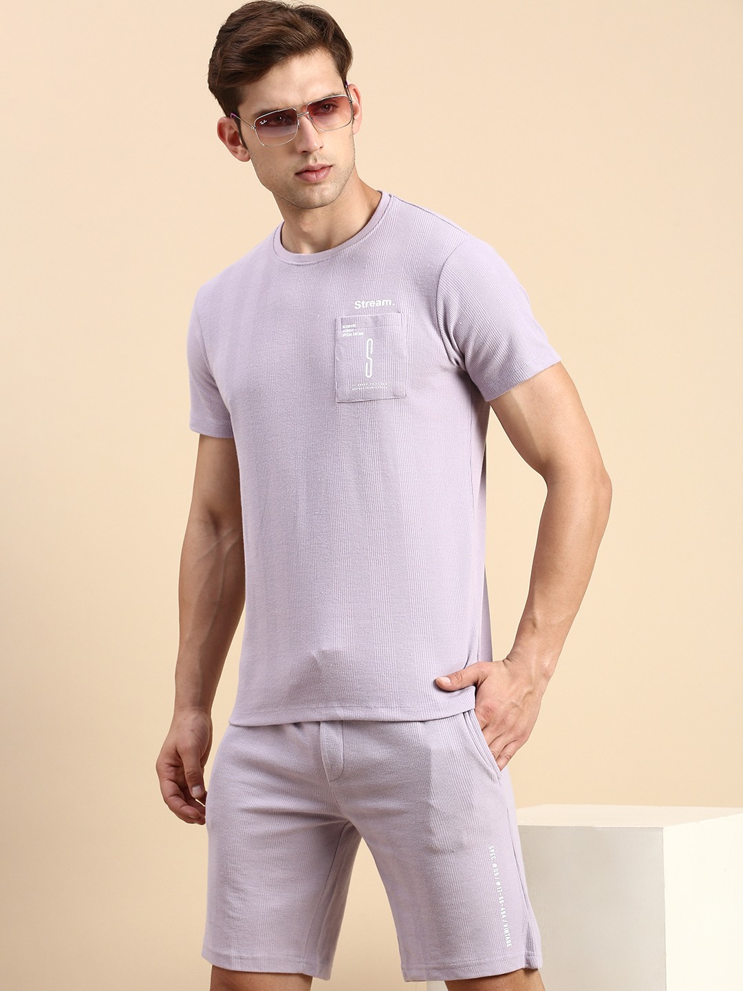 SHOWOFF Men's Round Neck Short Sleeves Solid Lavender Co-Ords Set