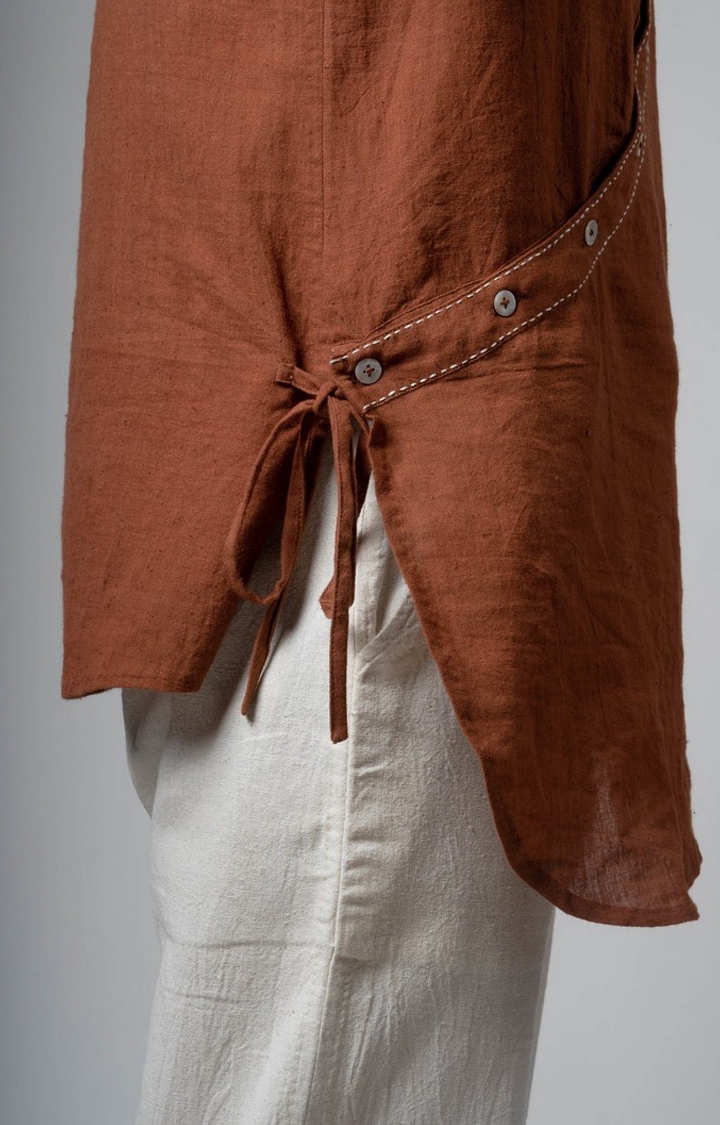 Men's Brown Cotton Solid Angrakha Kurta