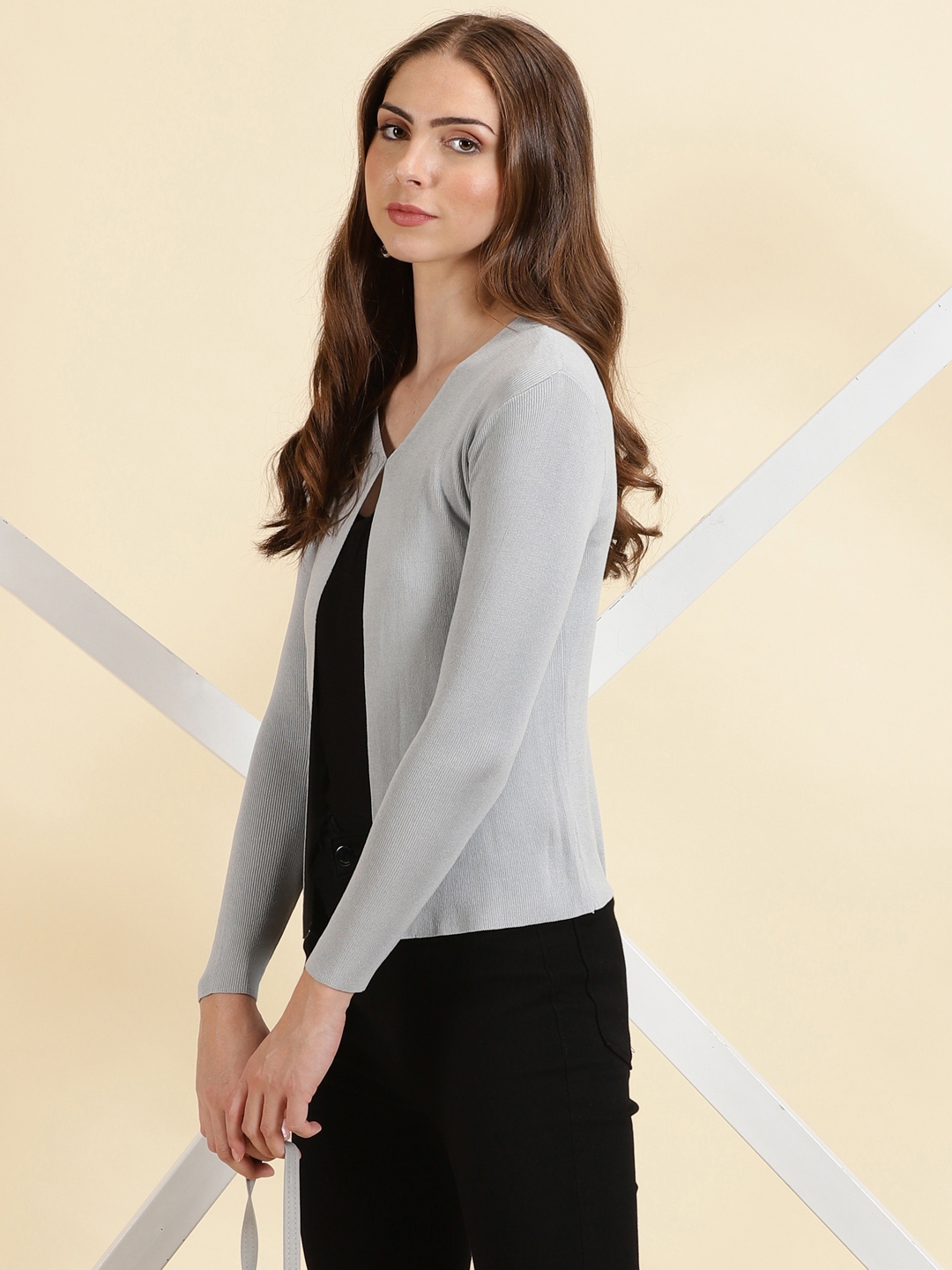 Showoff | SHOWOFF Women's V-Neck Solid Grey Front-Open Sweater