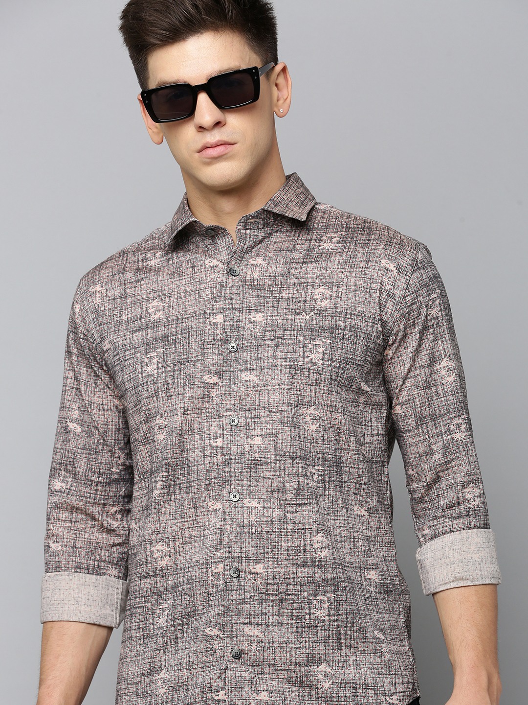 SHOWOFF Men's Spread Collar Printed Black Regular Fit Shirt