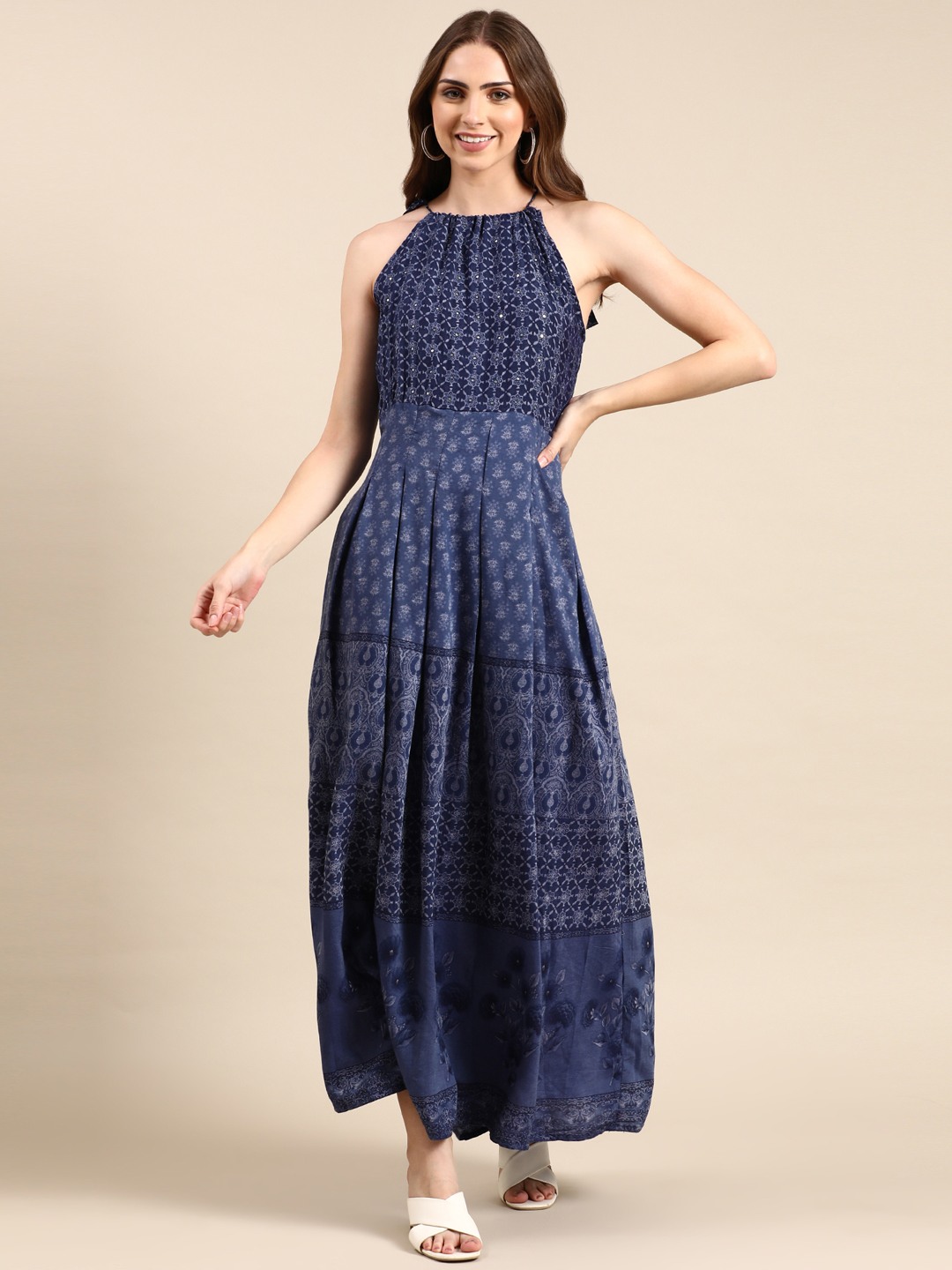 Showoff | SHOWOFF Women's Ankle Length Ethnic Motifs Anarkali Navy Blue Kurta