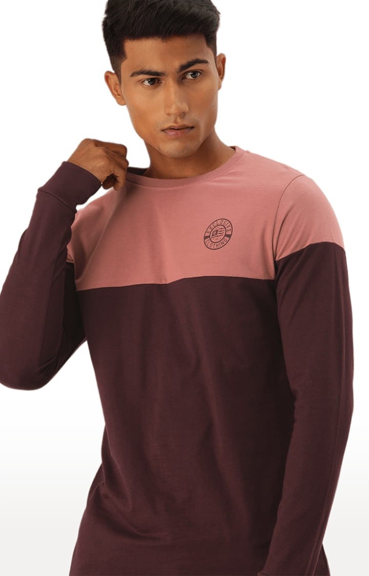 Men's Pink and Maroon Colourblocked T-Shirt