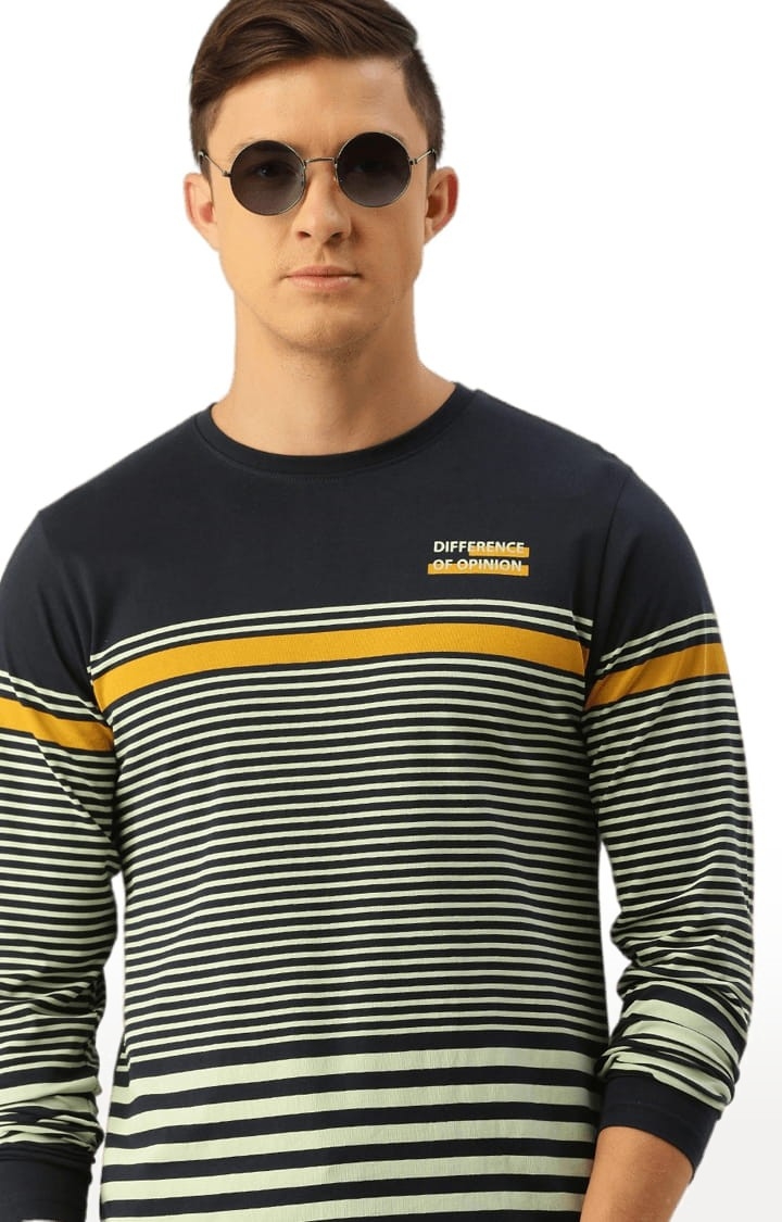 Men's Navy Blue Cotton Striped Regular T-Shirt