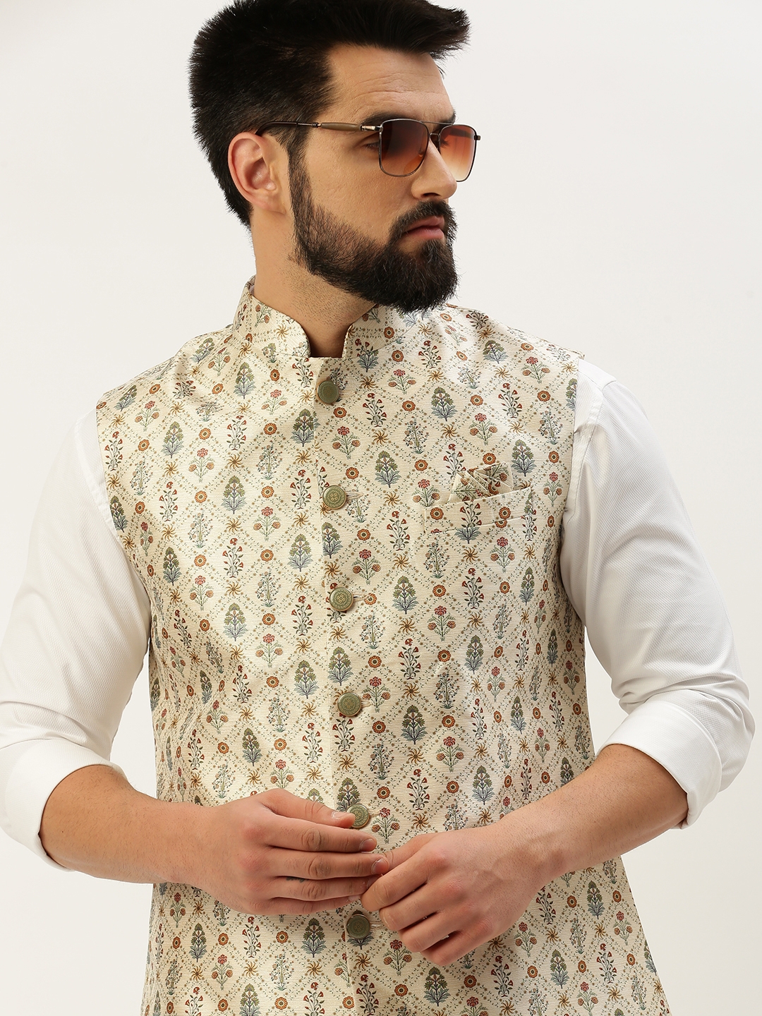 Showoff | SHOWOFF Men's Printed Mandarin Collar Beige Nehru Jacket