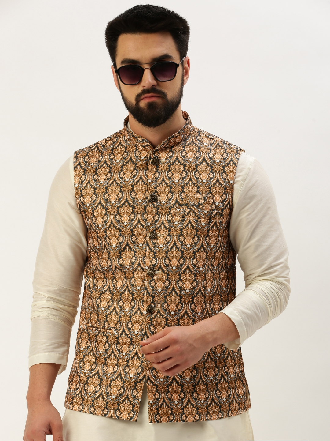 Showoff | SHOWOFF Men's Printed Mandarin Collar Mustard Nehru Jacket