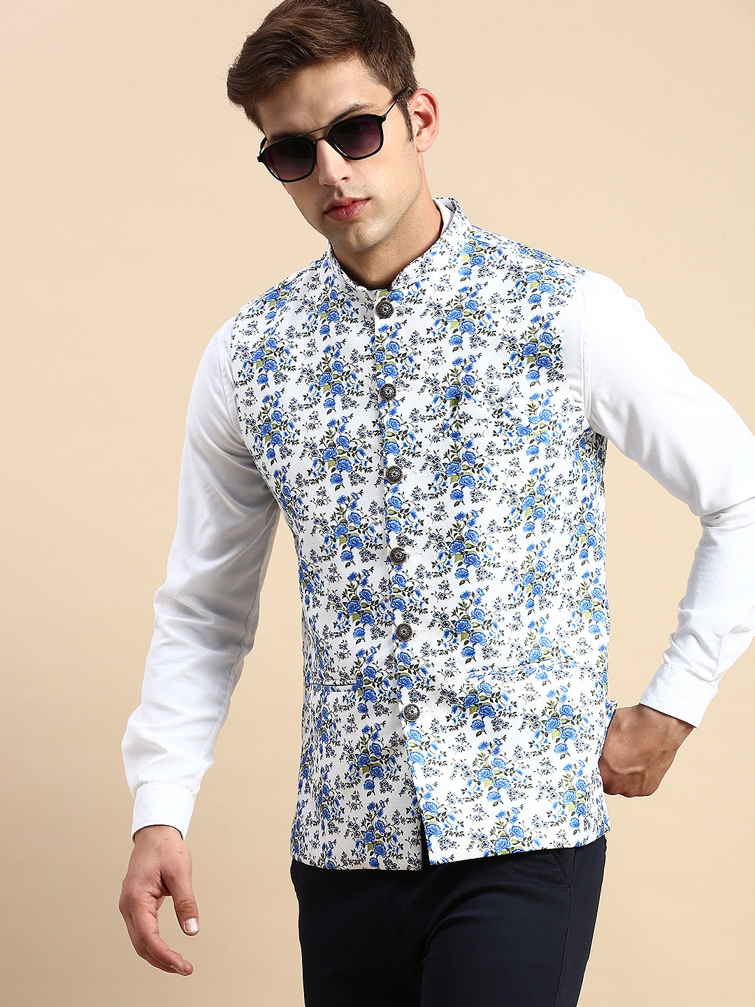 SHOWOFF Men's Printed Mandarin Collar White Nehru Jacket