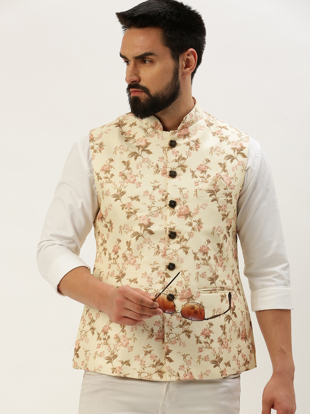 Showoff | SHOWOFF Men's Printed Mandarin Collar Cream Nehru Jacket