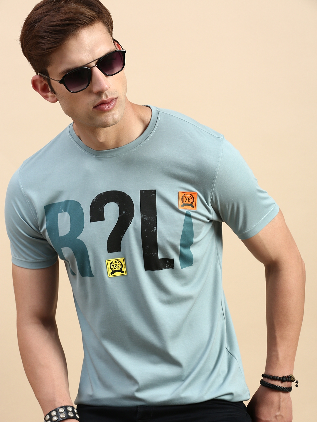 SHOWOFF Men's Round Neck Short Sleeves Typography Sea Green Slim Fit T-Shirt