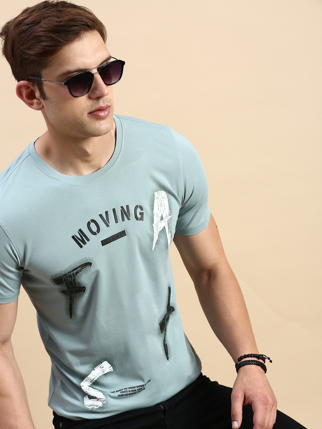 Showoff | SHOWOFF Men's Round Neck Short Sleeves Typography Sea Green Slim Fit T-Shirt