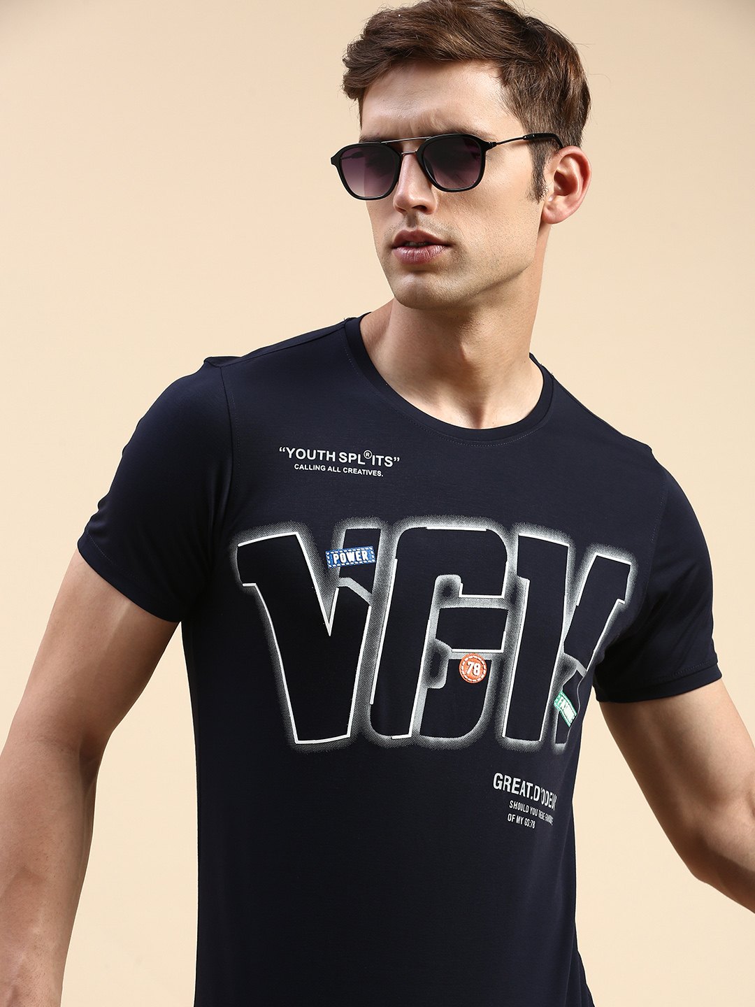 Showoff | SHOWOFF Men's Round Neck Short Sleeves Typography Navy Blue Slim Fit T-Shirt