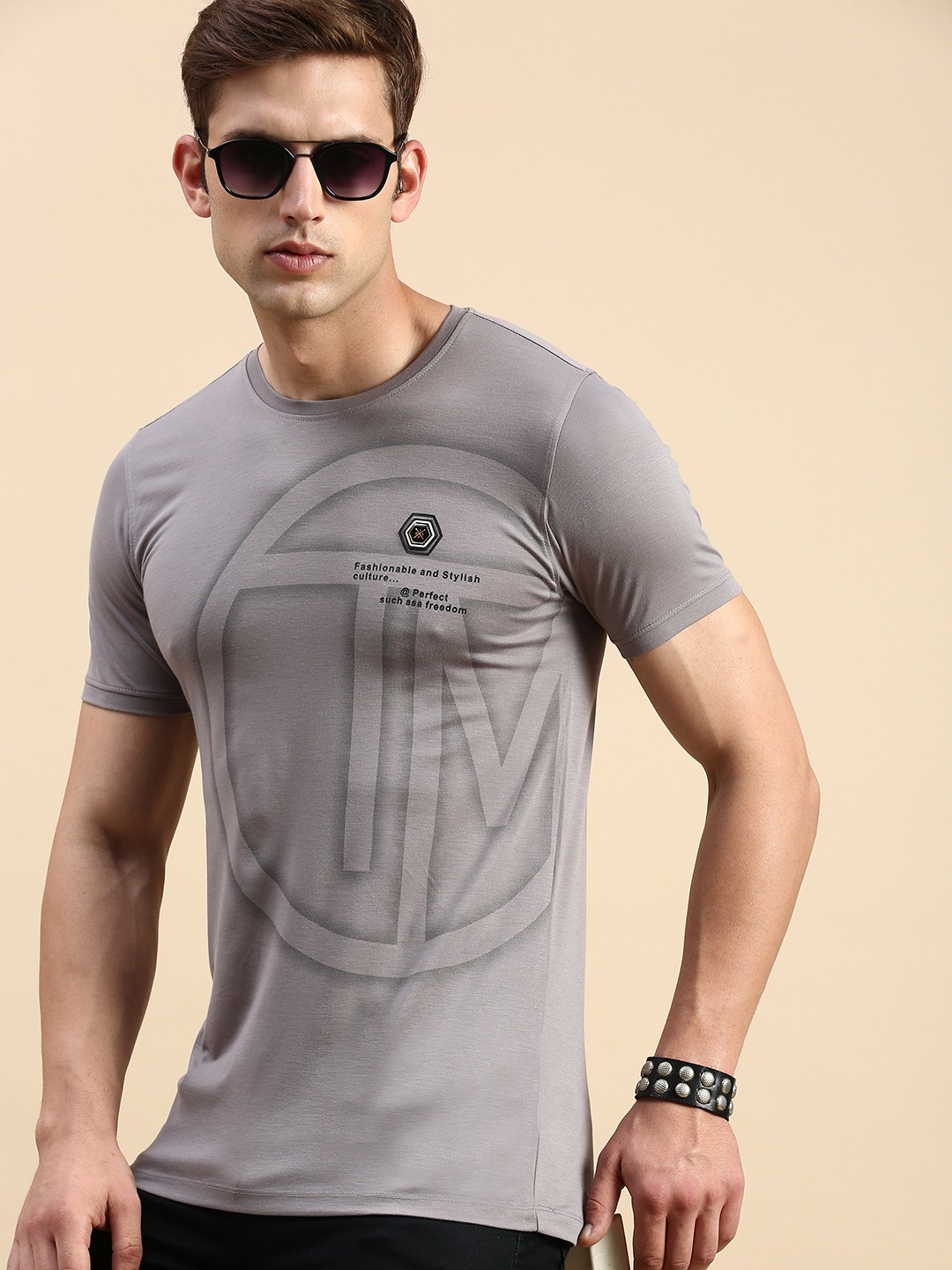 Showoff | SHOWOFF Men's Round Neck Short Sleeves Typography Grey Slim Fit T-Shirt