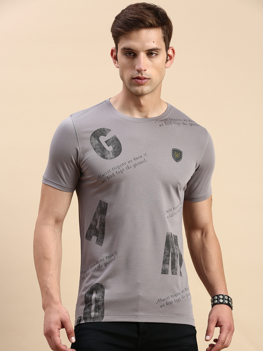 Showoff | SHOWOFF Men's Round Neck Short Sleeves Typography Grey Slim Fit T-Shirt