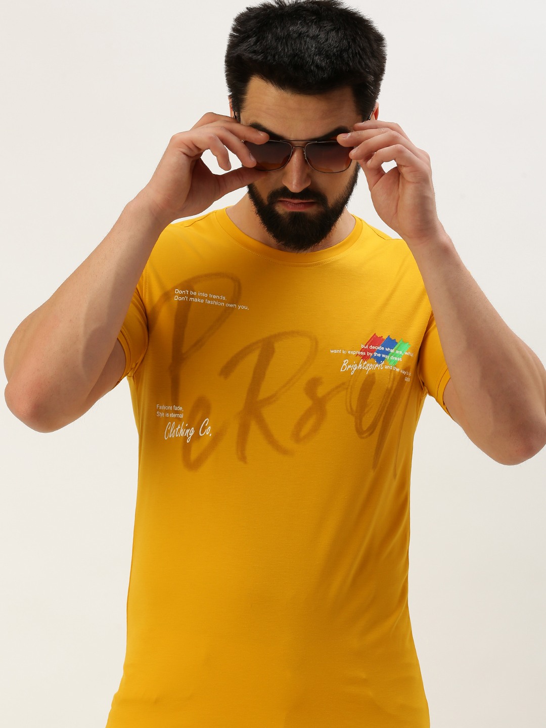 Showoff | SHOWOFF Men's Round Neck Short Sleeves Typography Yellow Slim Fit T-Shirt
