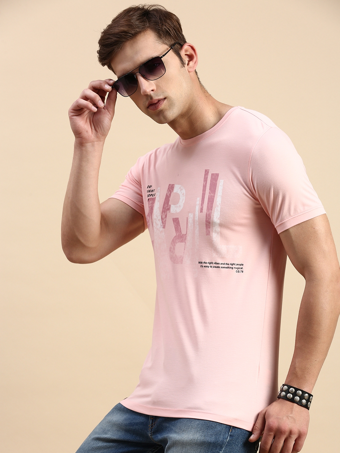 SHOWOFF Men's Round Neck Short Sleeves Typography Pink Slim Fit T-Shirt