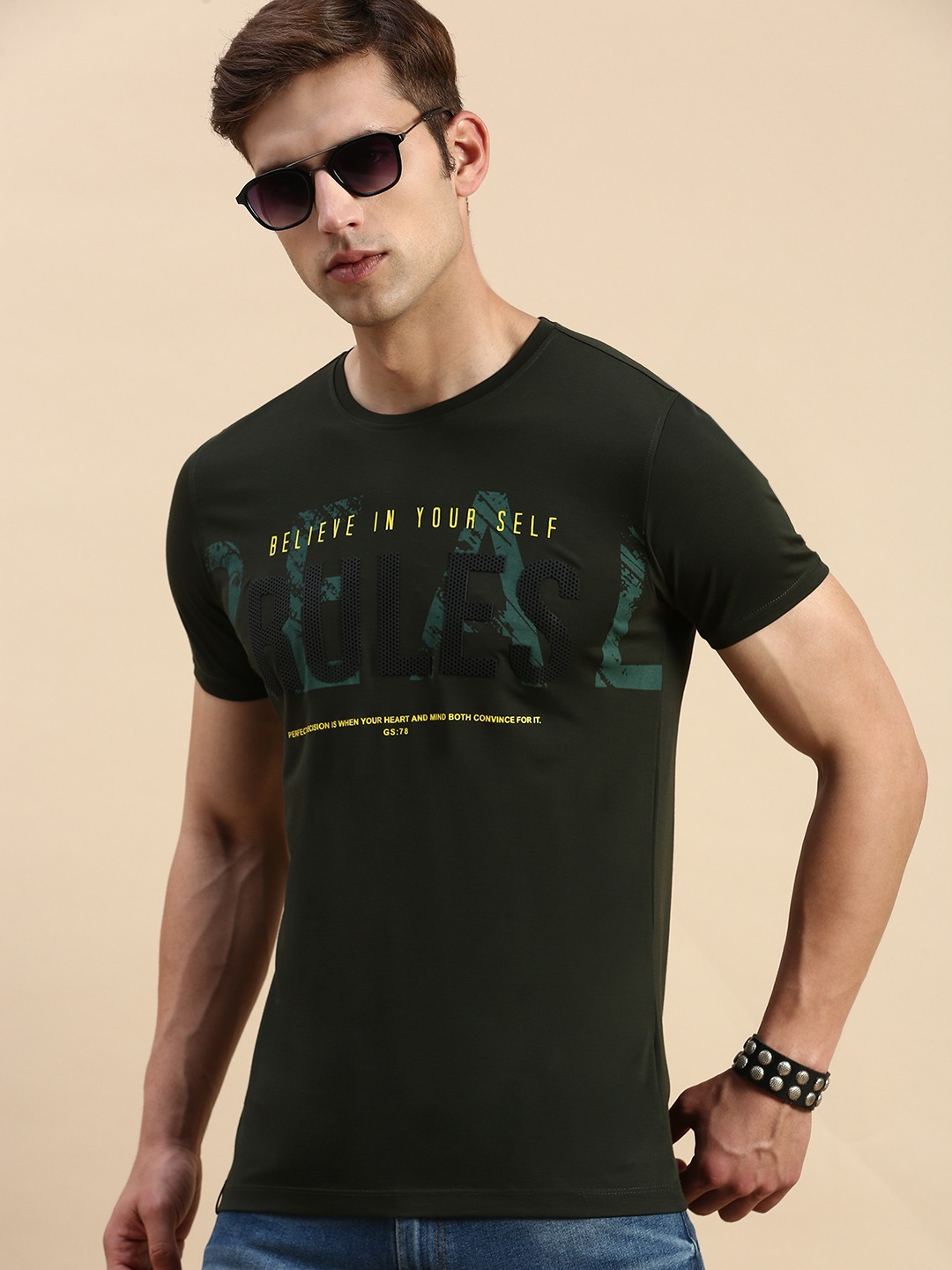 SHOWOFF Men's Round Neck Short Sleeves Typography Olive Slim Fit T-Shirt
