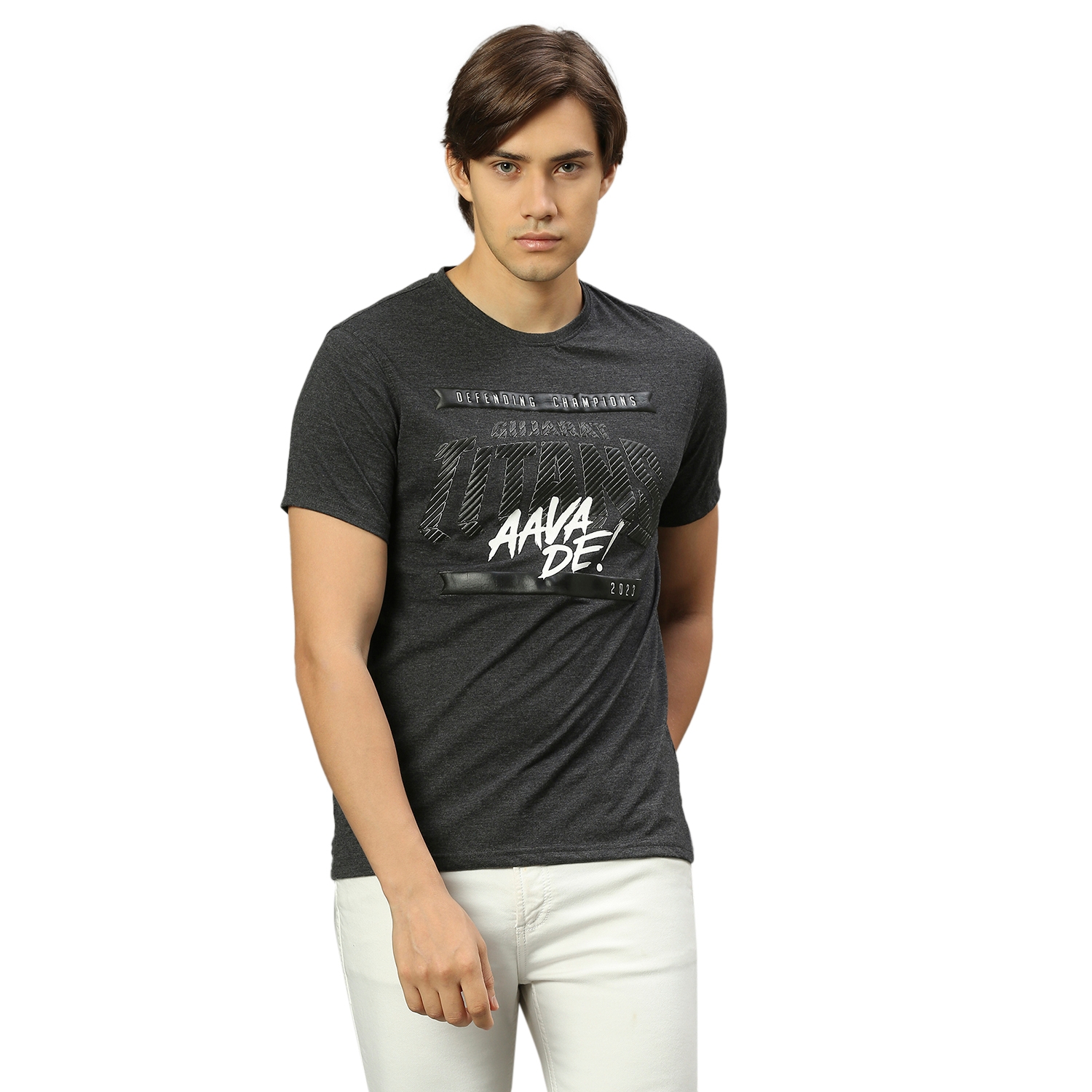 FANCODE | GT: Mens Anthra Melange Graphic Printed Round Neck T-Shirt