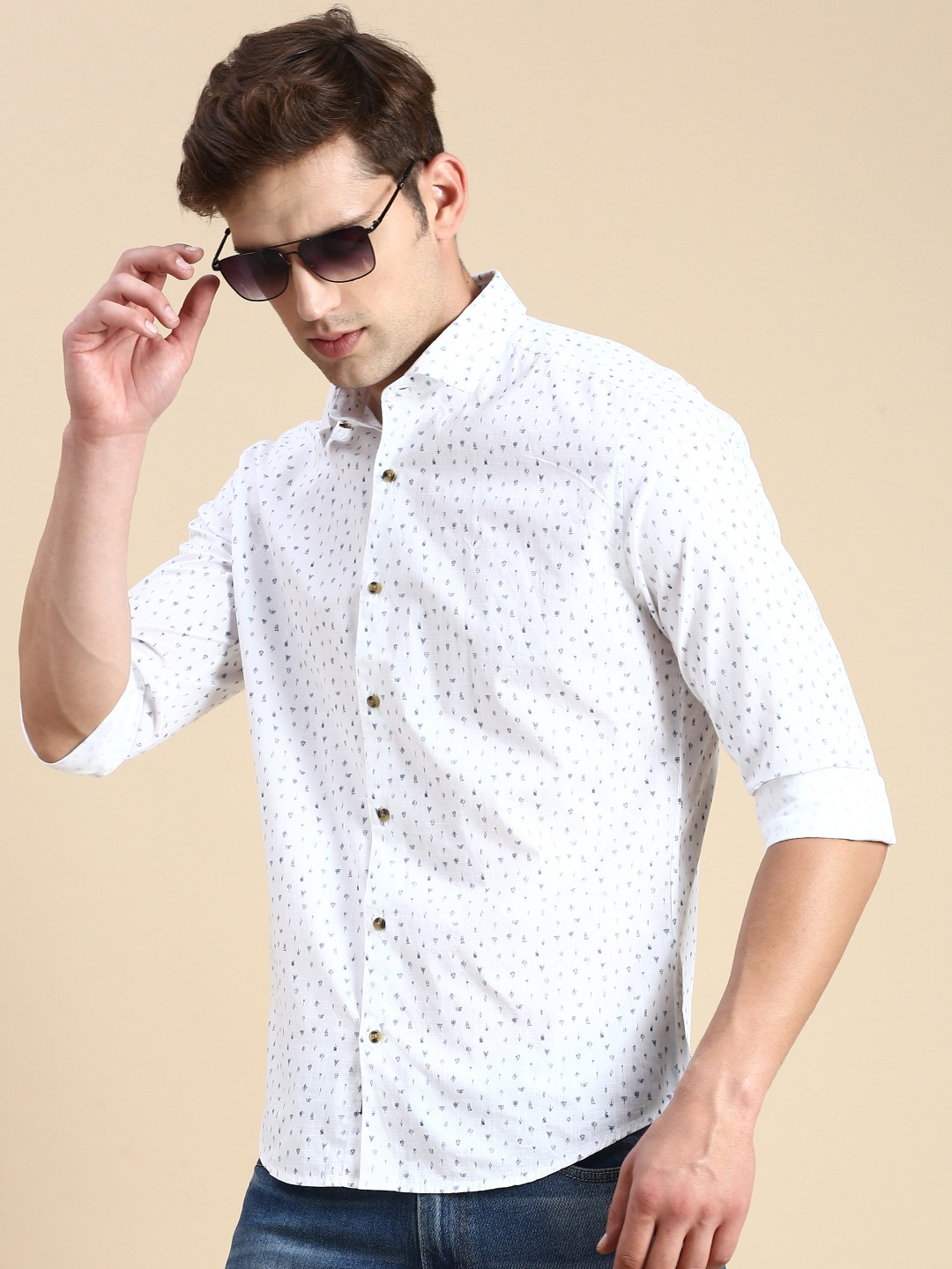 Showoff | SHOWOFF Men's Spread Collar White Slim Fit Printed Shirt