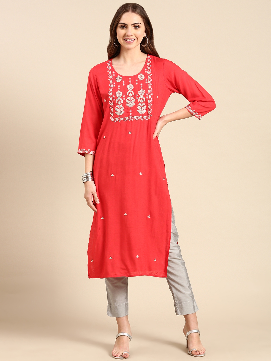 SHOWOFF Women's Mid Length Solid Straight Coral Kurta