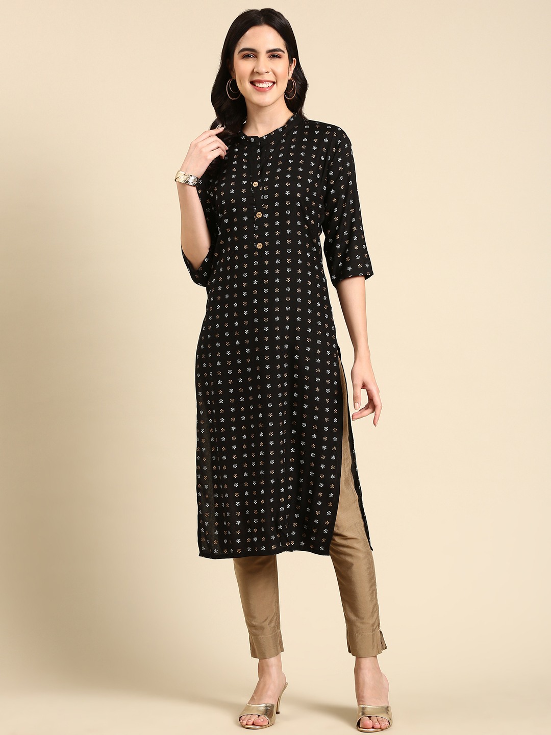 SHOWOFF Women's Calf Length Ethnic Motifs Straight Black Kurta
