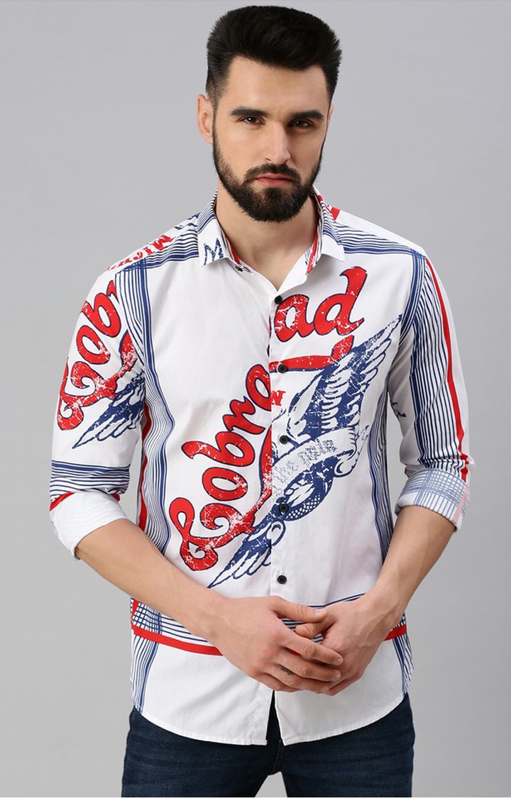 SHOWOFF Men White Printed Spread Collar Full Sleeves Casual Shirt