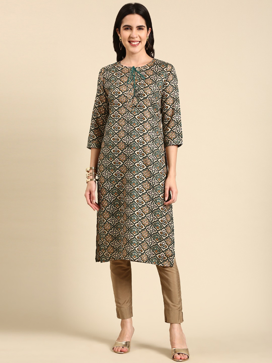 Showoff | SHOWOFF Women's Calf Length Ethnic Motifs Straight Green Kurta