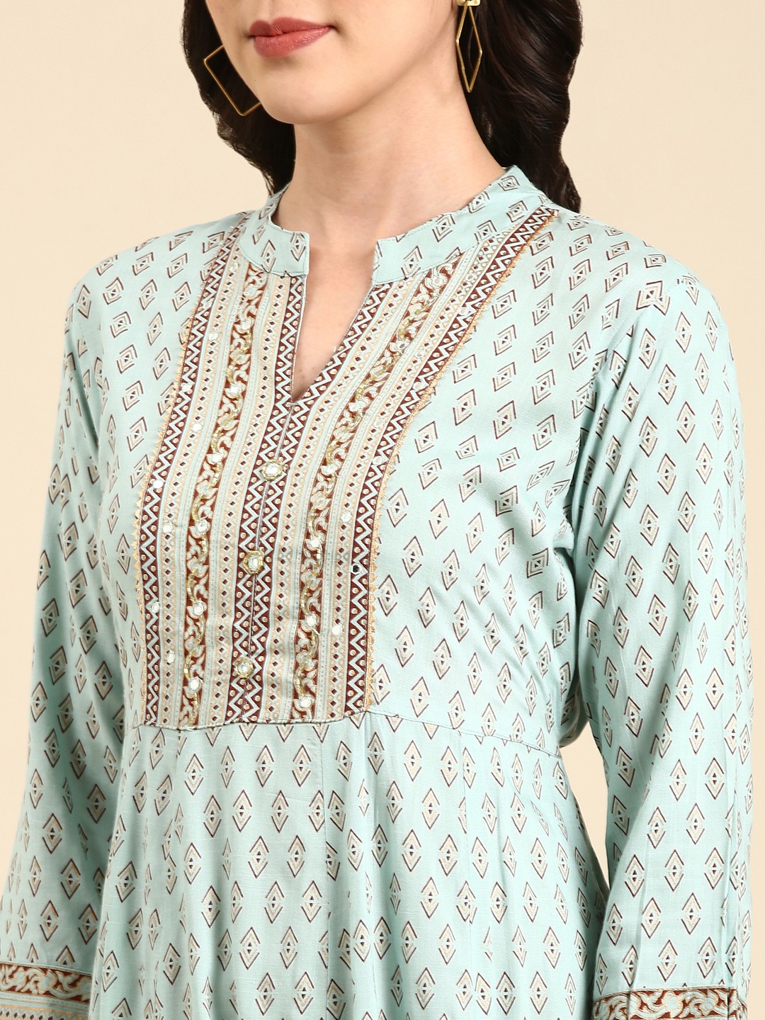 SHOWOFF Women's Ankle Length Ethnic Motifs Anarkali Turquoise Blue Kurta
