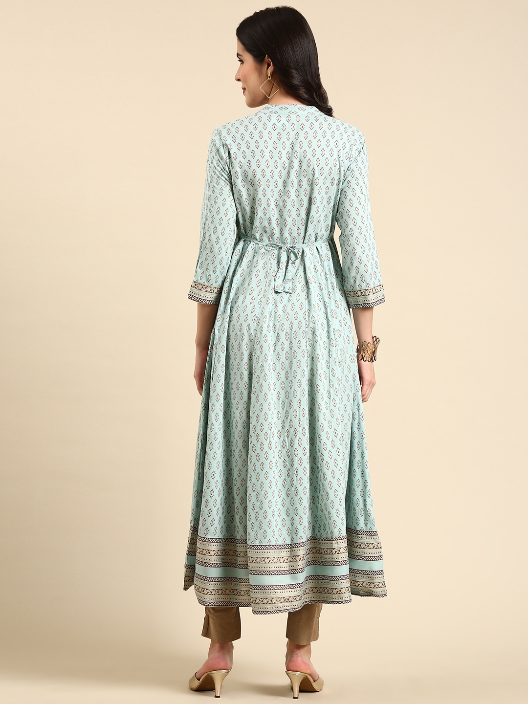SHOWOFF Women's Ankle Length Ethnic Motifs Anarkali Turquoise Blue Kurta