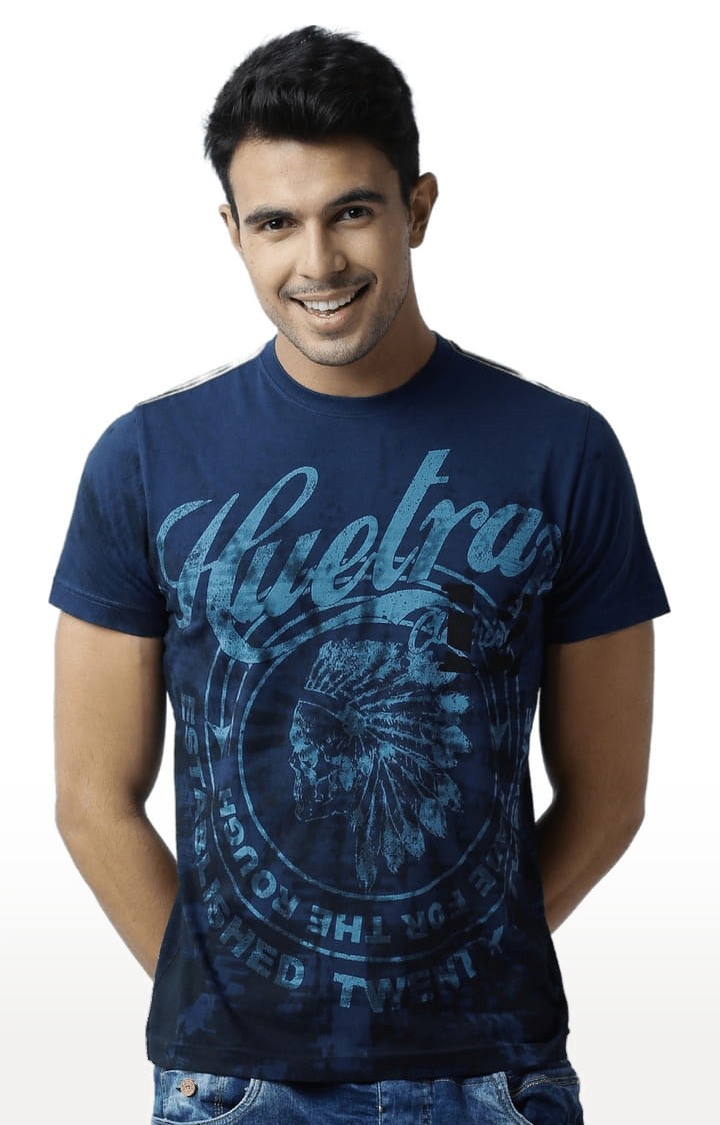 Men's Blue Cotton Printed Regular T-Shirt