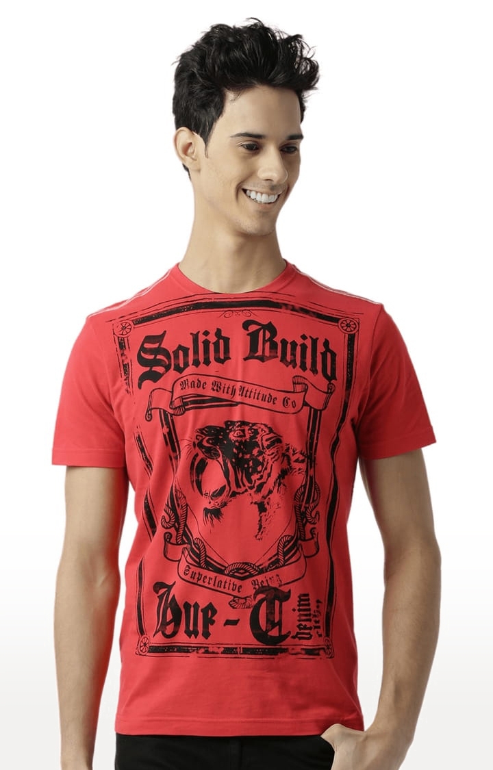 Men's Red Cotton Typographic Printed Regular T-Shirt