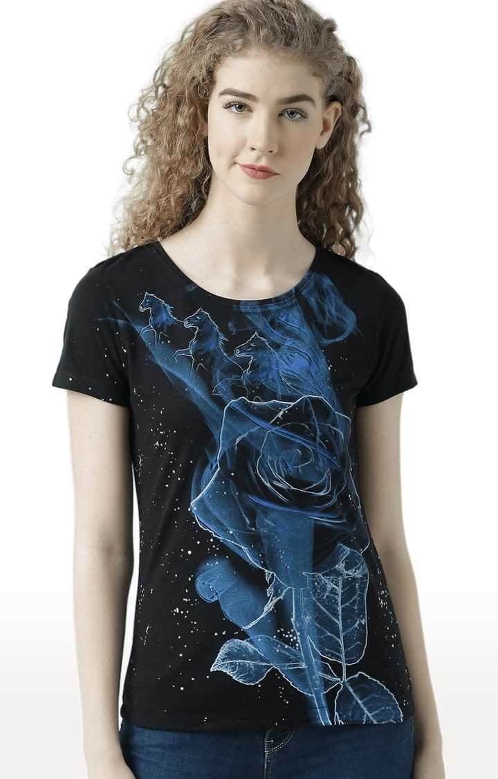 Women's Black Cotton Printed Regular T-Shirt