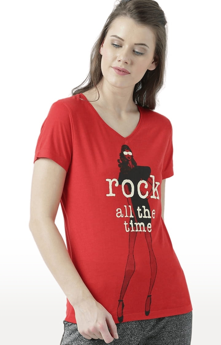 HUETRAP | Women's Red Cotton Printed Regular T-Shirt
