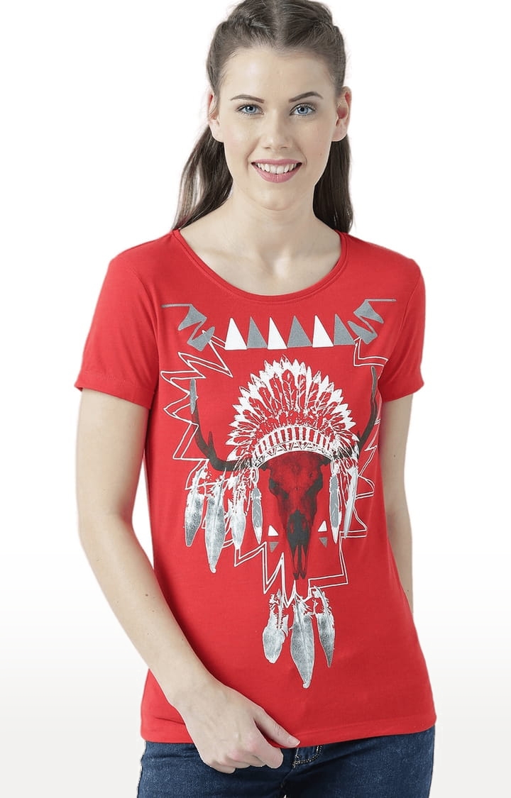 Women's Red Cotton Printed Regular T-Shirt