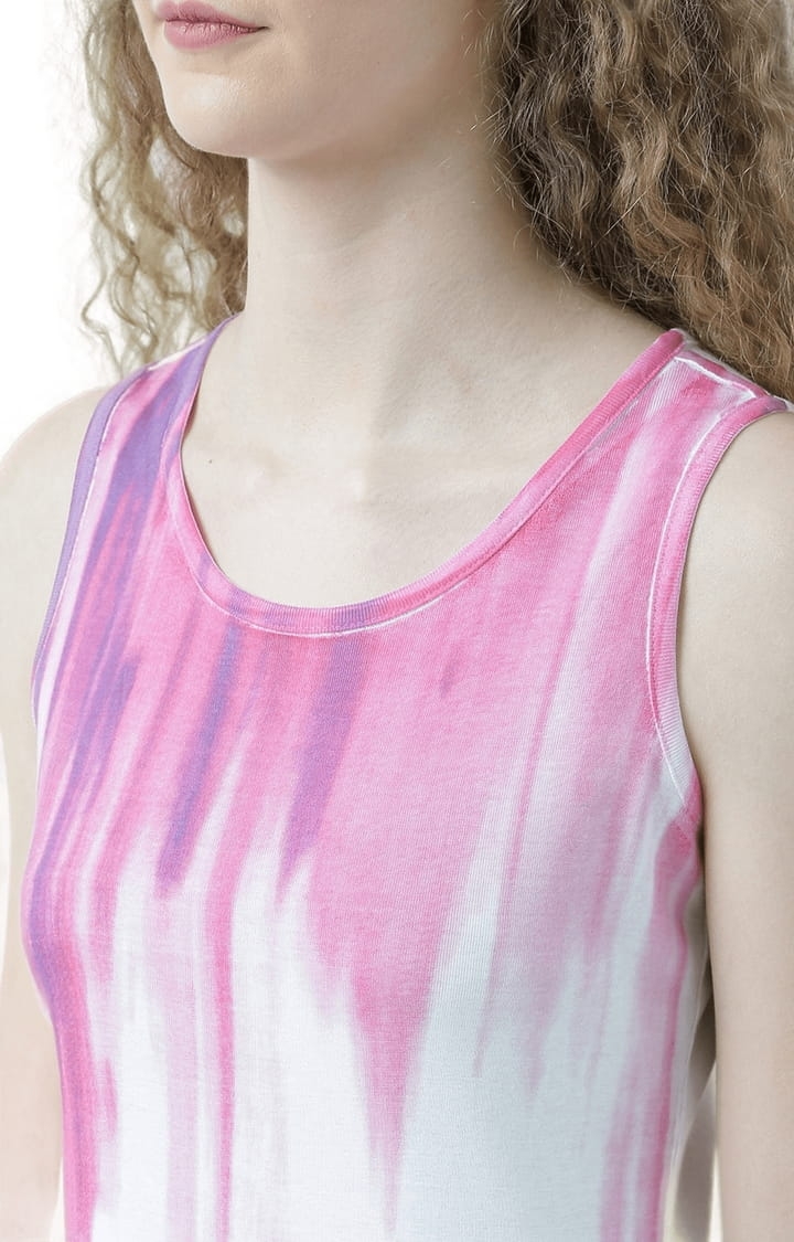 Women's White and Pink Cotton Printed Tank Top