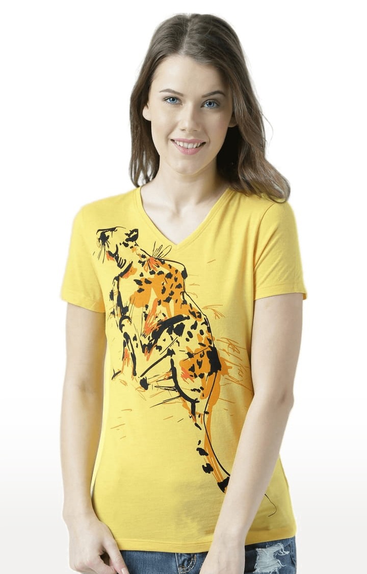 Women's Yellow Cotton Printed Regular T-Shirt