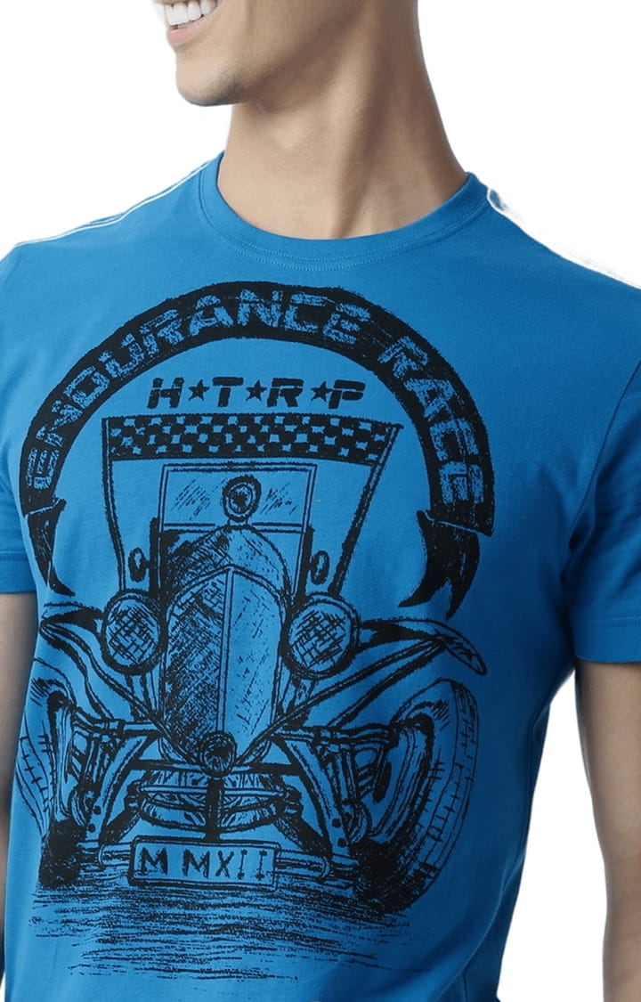 Men's Blue Cotton Printed Regular T-Shirt