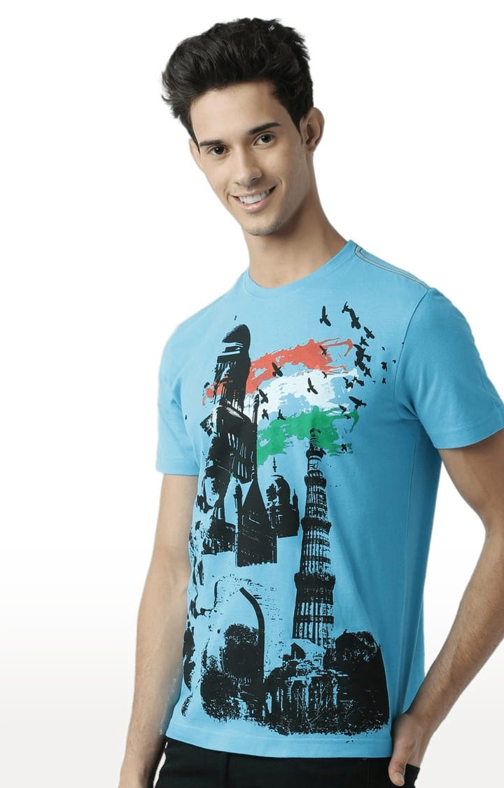 Men's Blue Cotton Printed Regular T-Shirt