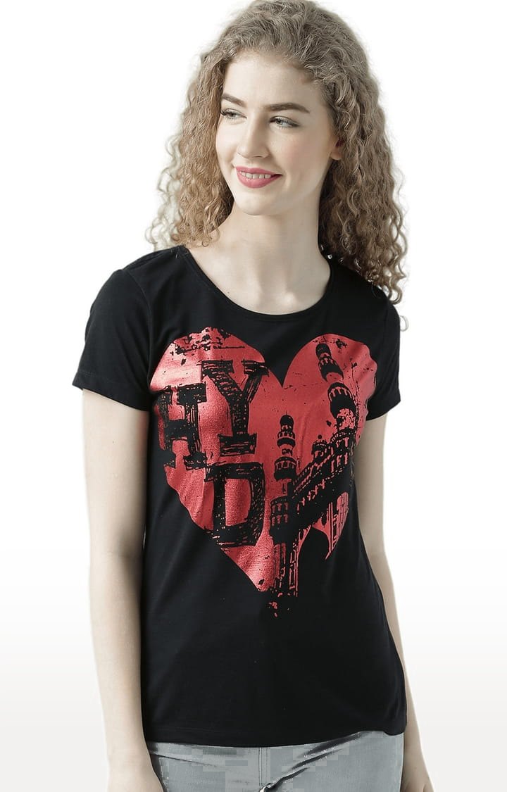 Women's Black Cotton Printed Regular T-Shirt