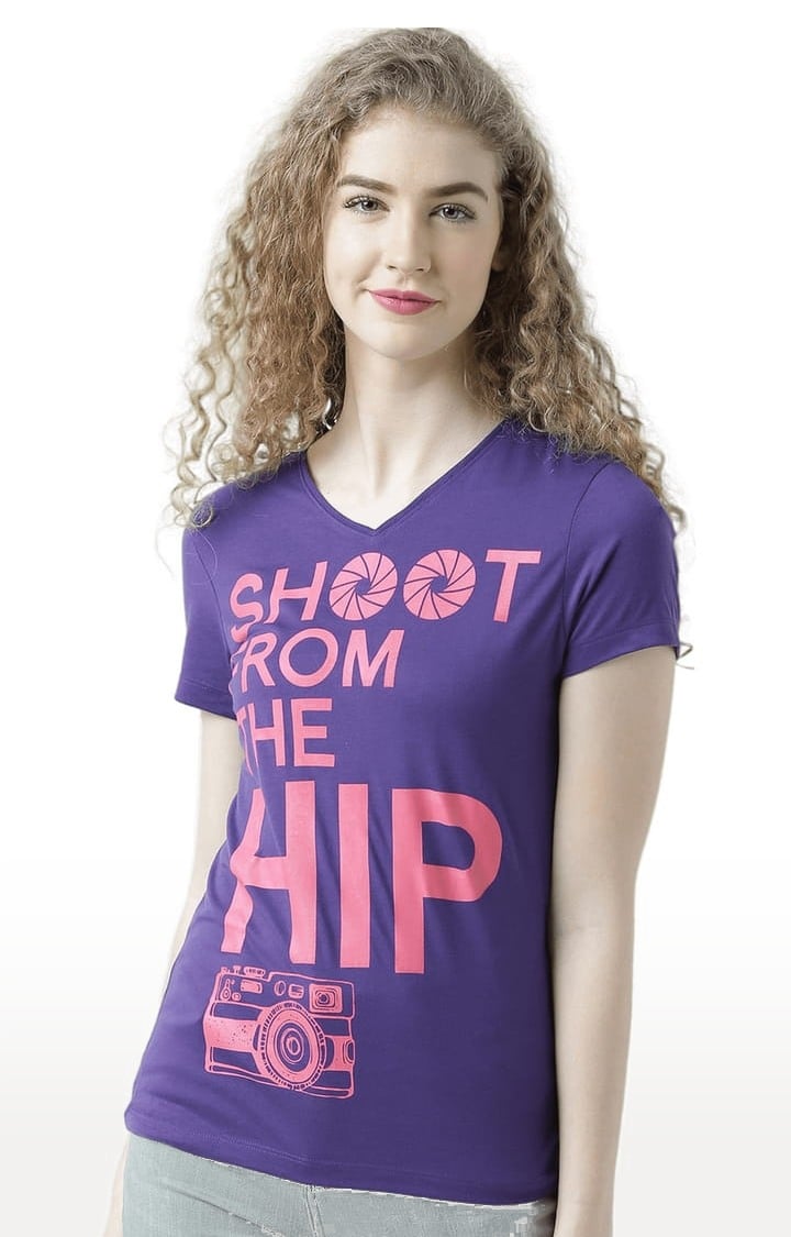 Women's Purple Cotton Typographic Printed Regular T-Shirt