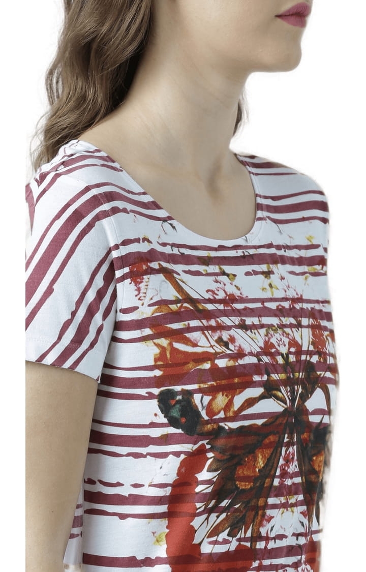 Women's White and Red Cotton Printed Regular T-Shirt