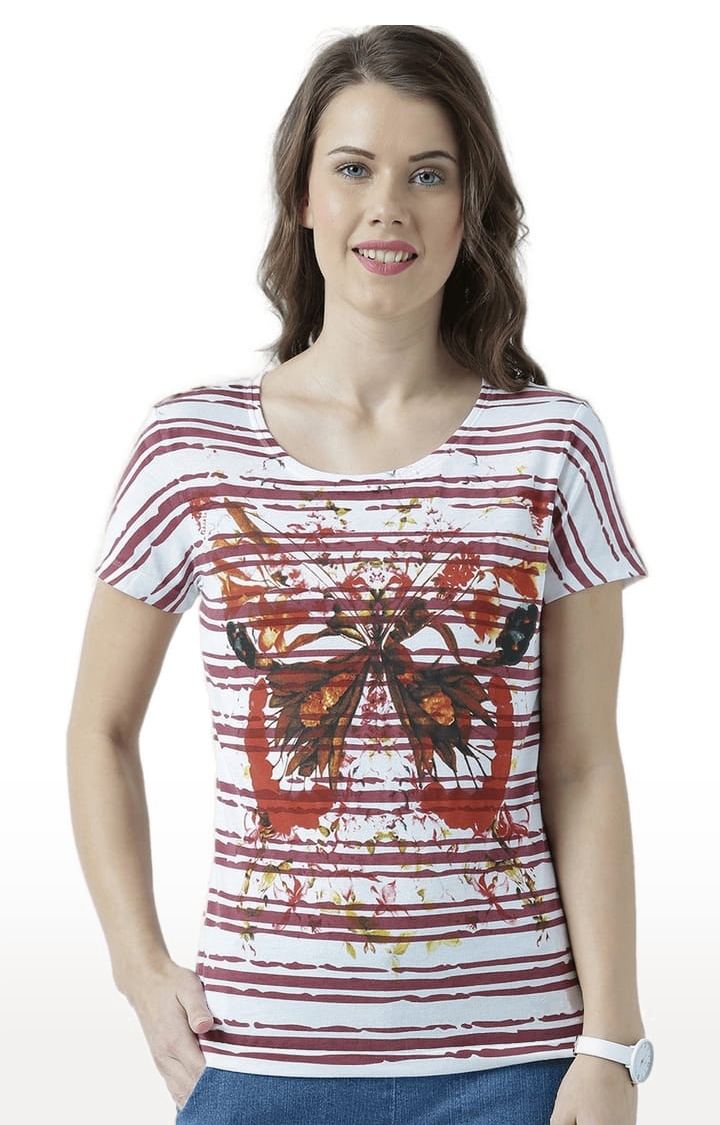 HUETRAP | Women's White and Red Cotton Printed Regular T-Shirt