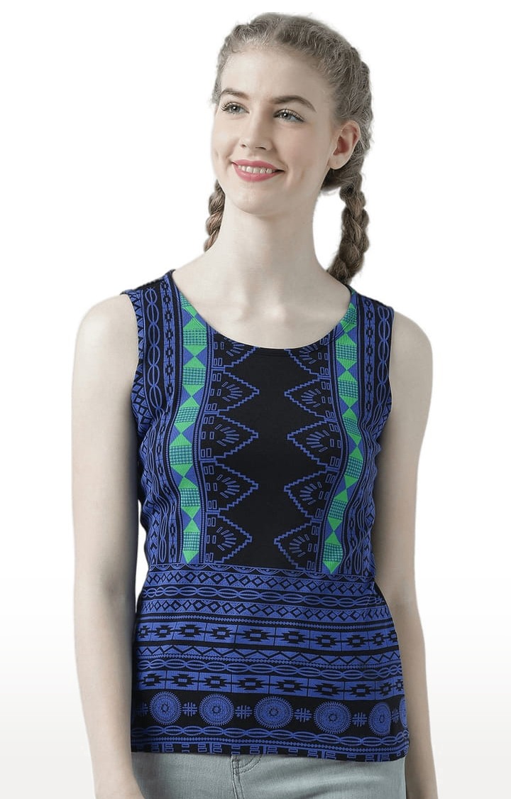 Women's Black and Blue Cotton Printed Tank Top