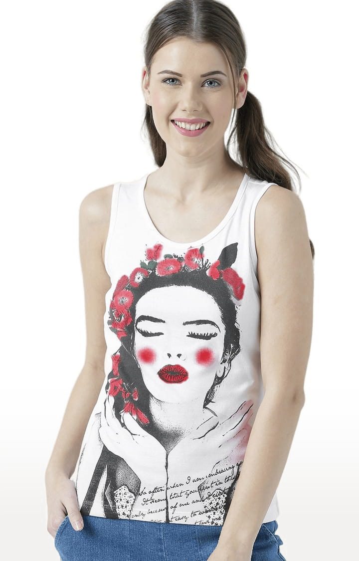 Women's White Cotton Printed Tank Top
