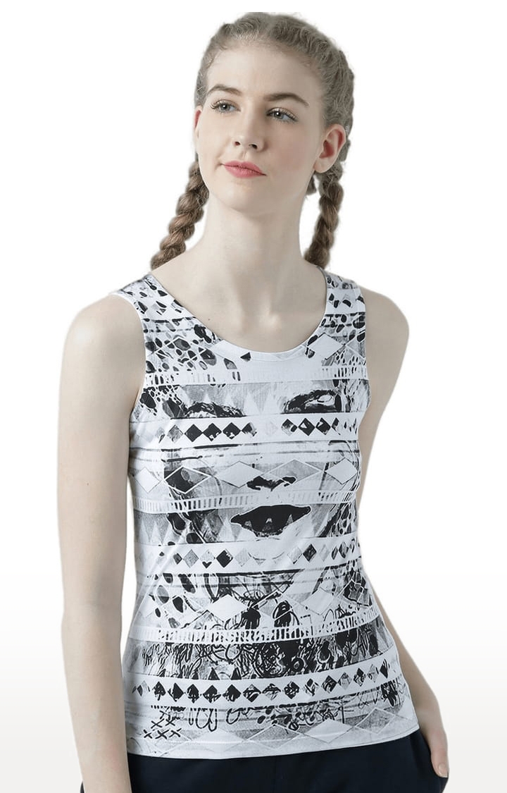Women's White and Black Cotton Printed Tank Top
