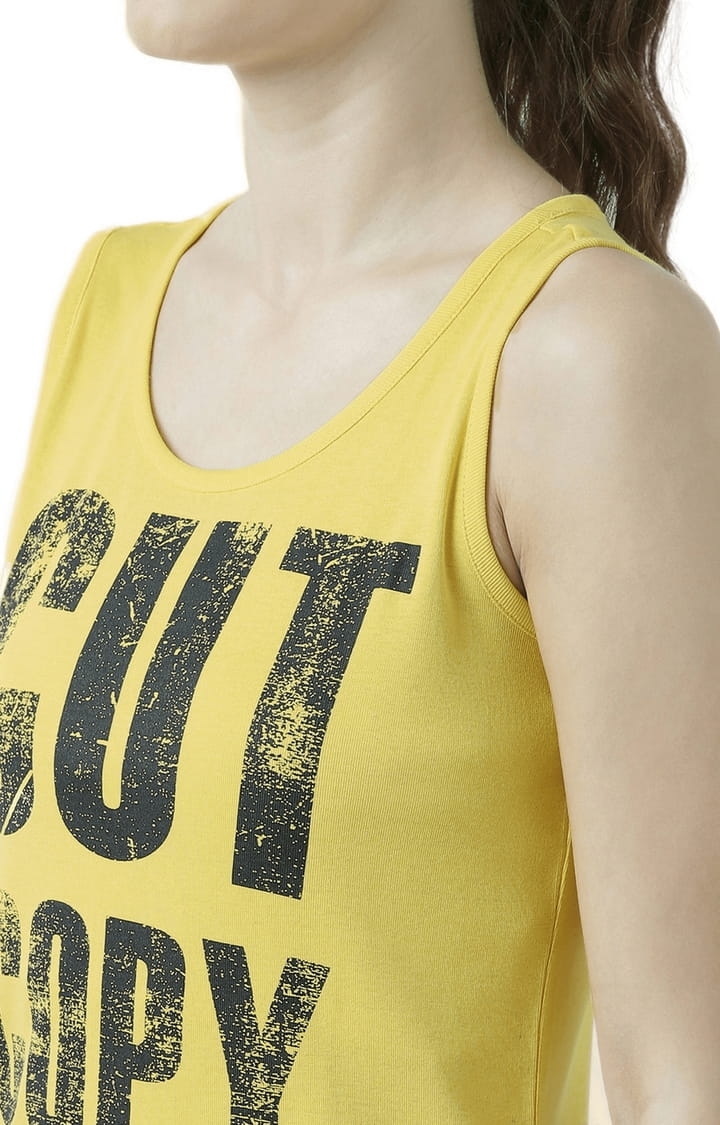Women's Yellow Cotton Typographic Printed Tank Top