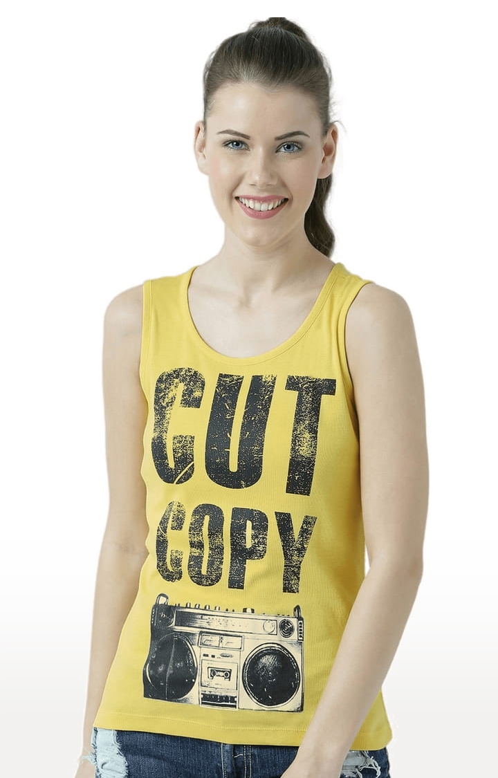 Women's Yellow Cotton Typographic Printed Tank Top