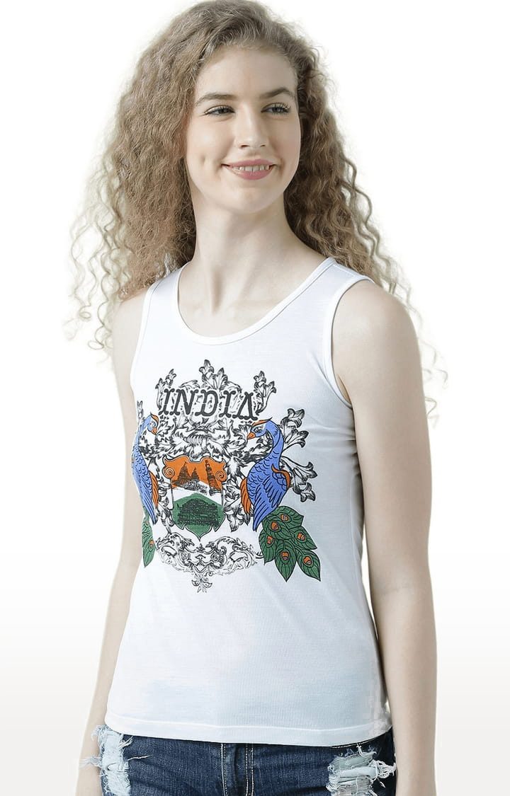 Women's White Cotton Printed Tank Top