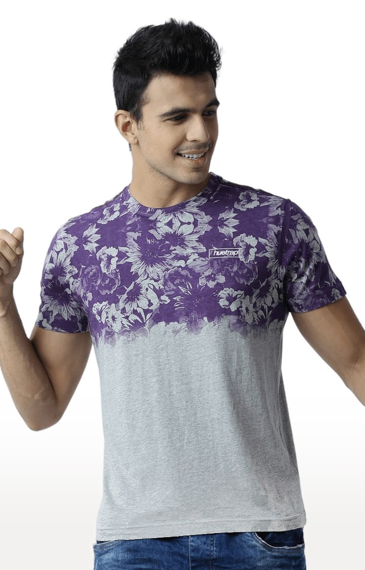 Men's Grey Cotton Blend Floral T-Shirts